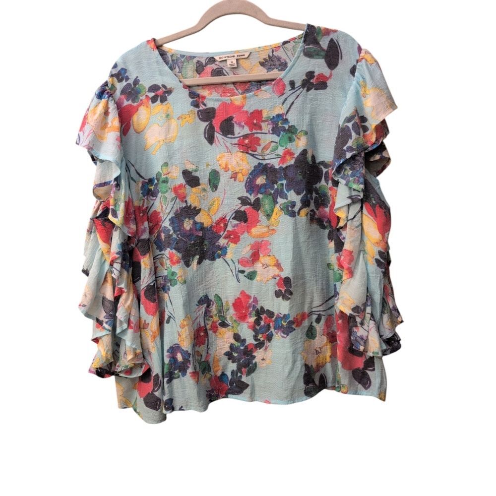 NWT Zac & Rachel women's aqua floral watercolor top flutter sleeves size 1X - Picture 6 of 7